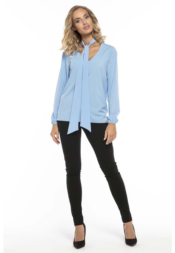 Tessita - Błękitna Elegancka Bluzka w Serek z Krawatką. Typ kołnierza: dekolt w serek. Kolor: niebieski. Materiał: poliester. Styl: elegancki