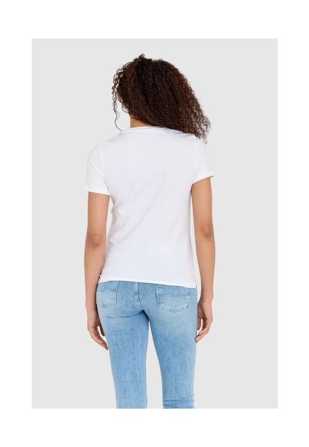 Guess - GUESS Biały t-shirt damski ze złotym haftowanym cyrkoniami logotypem slim fit. Kolor: biały. Materiał: bawełna. Wzór: haft