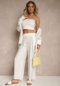 Renee - Jasnobeżowe Spodnie z Wiskozy High Waist o Szerokim Kroju Divlise. Okazja: na co dzień. Stan: podwyższony. Kolor: beżowy. Materiał: wiskoza. Styl: elegancki, casual