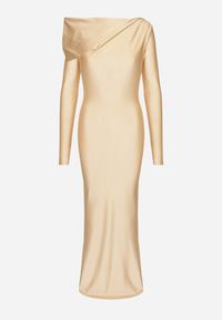 Born2be - Beżowa Dopasowana Sukienka z Rozcięciem i Asymetrycznym Dekoltem Ravielis. Okazja: na imprezę. Kolor: beżowy. Długość rękawa: długi rękaw. Typ sukienki: asymetryczne. Styl: klasyczny, elegancki #4