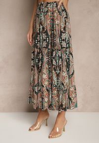 Renee - Beżowo-Czarna Spódnica z Wiskozy Ozdobiona Motywem Paisley Ellivae. Okazja: na co dzień. Kolor: beżowy. Materiał: wiskoza. Wzór: paisley, aplikacja. Styl: elegancki, casual #4