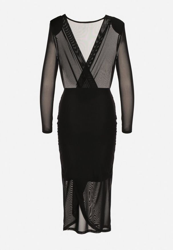 Born2be - Czarna Sukienka Siateczkowa o Kopertowym Fasonie Aderila. Okazja: na randkę. Typ kołnierza: dekolt w kształcie V. Kolor: czarny. Długość rękawa: długi rękaw. Wzór: aplikacja. Typ sukienki: kopertowe