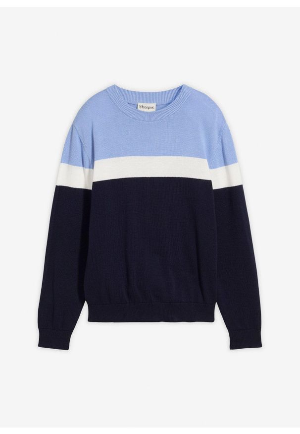 bonprix - Sweter z cienkiej bawełnianej dzianiny. Kolor: niebieski. Materiał: bawełna, dzianina