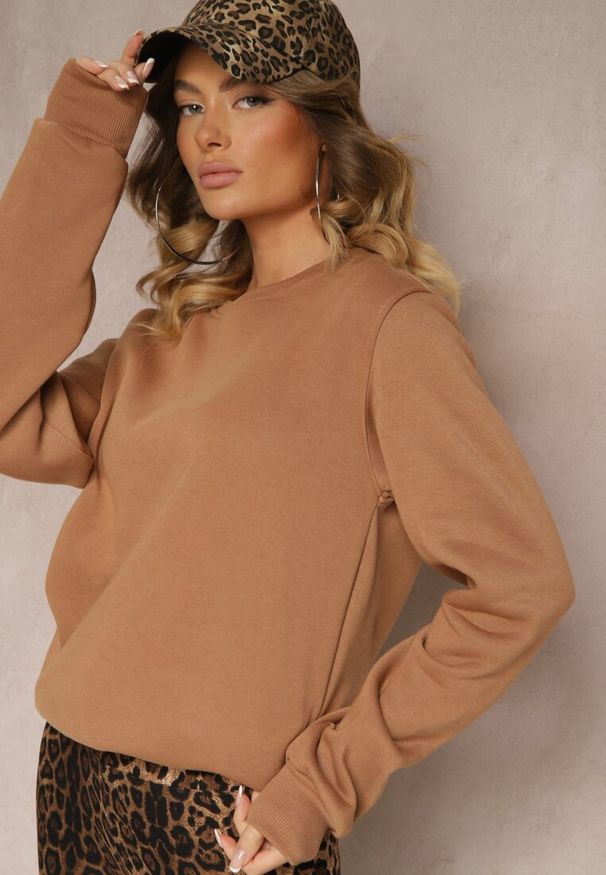 Renee - Brązowa Bluza z Bawełną i Ściągaczami przy Rękawach Ravemi. Okazja: na co dzień. Kolor: brązowy. Materiał: bawełna. Styl: sportowy, elegancki, casual