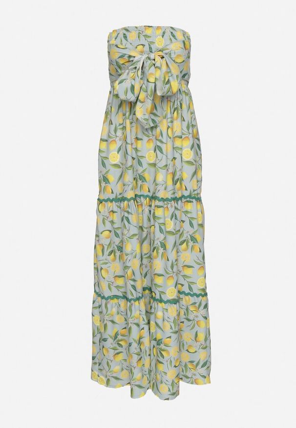 Born2be - Ciemnozielona Sukienka w Cytryny z Kokardą Galadessa. Okazja: na co dzień, na randkę. Typ kołnierza: kokarda. Kolor: zielony. Sezon: lato. Styl: casual, elegancki