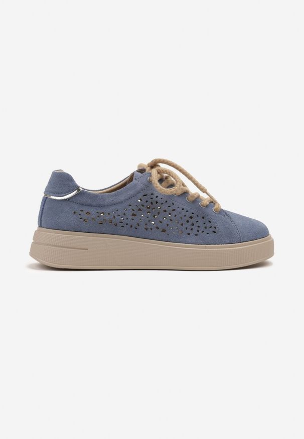 Born2be - Niebieskie Skórzane Sneakersy Typu Tenisówki z Ażurową Cholewką Virival. Okazja: na co dzień. Kolor: niebieski. Materiał: skóra. Szerokość cholewki: normalna. Wzór: ażurowy. Sezon: wiosna