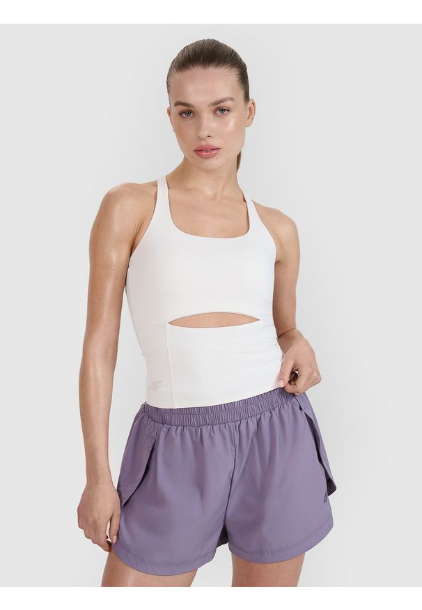 4f - 4F Top treningowy slim szybkoschnący damski 4F x Anna Lewandowska - biały XL. Kolor: biały. Materiał: dzianina, włókno, syntetyk, materiał, tkanina, elastan. Długość rękawa: na ramiączkach. Wzór: gładki, ze splotem. Sport: joga i pilates, fitness