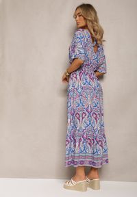 Renee - Niebiesko-Fuksjowa Wiskozowa Sukienka Maxi z Gumką w Pasie Ozdobiona Wzorem Paisley Larite. Kolor: niebieski. Materiał: wiskoza. Wzór: paisley, aplikacja. Długość: maxi #4