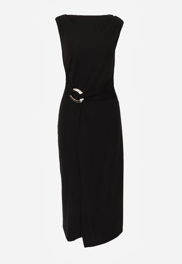 Renee - Czarna Dopasowana Sukienka Elegancka z Aplikacją w Talii Corope. Kolor: czarny. Wzór: aplikacja. Styl: elegancki