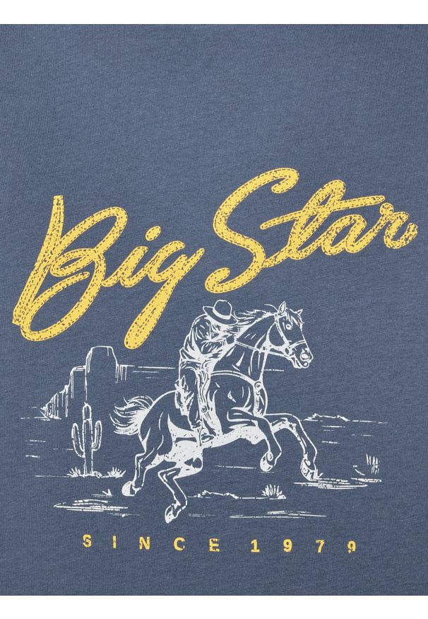 Big-Star - Koszulka męska z nadrukiem niebieska Stelianer 402. Okazja: na co dzień. Kolor: niebieski. Materiał: jeans, bawełna. Wzór: nadruk. Styl: retro, elegancki, klasyczny, casual, vintage