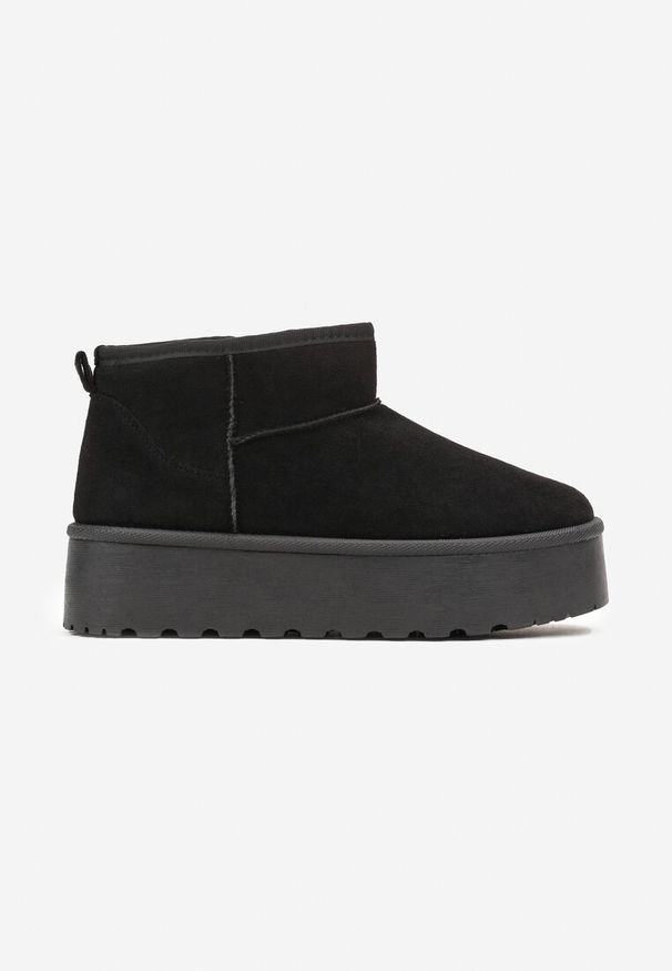 Born2be - Czarne Krótkie Śniegowce na Platformie Lysindra. Kolor: czarny. Materiał: futro, zamsz, jeans, wełna. Sezon: zima. Obcas: na platformie. Styl: elegancki, klasyczny