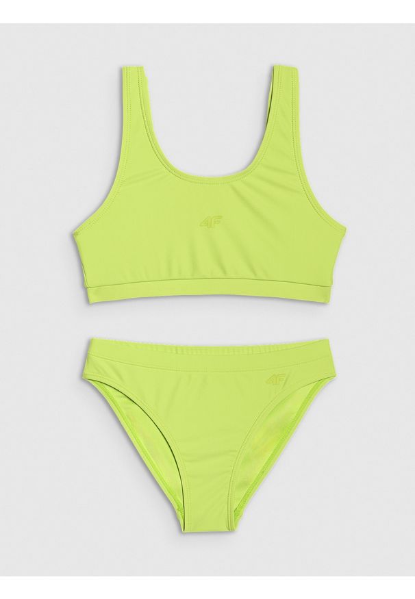 4f - 4F Kostium kąpielowy dwuczęściowy dziewczęcy - zielony 146/152 (10-12 lat). Kolor: zielony. Materiał: dzianina, elastan, włókno, syntetyk, materiał, guma. Rodzaj stanika: wyciągane miseczki. Wzór: jednolity