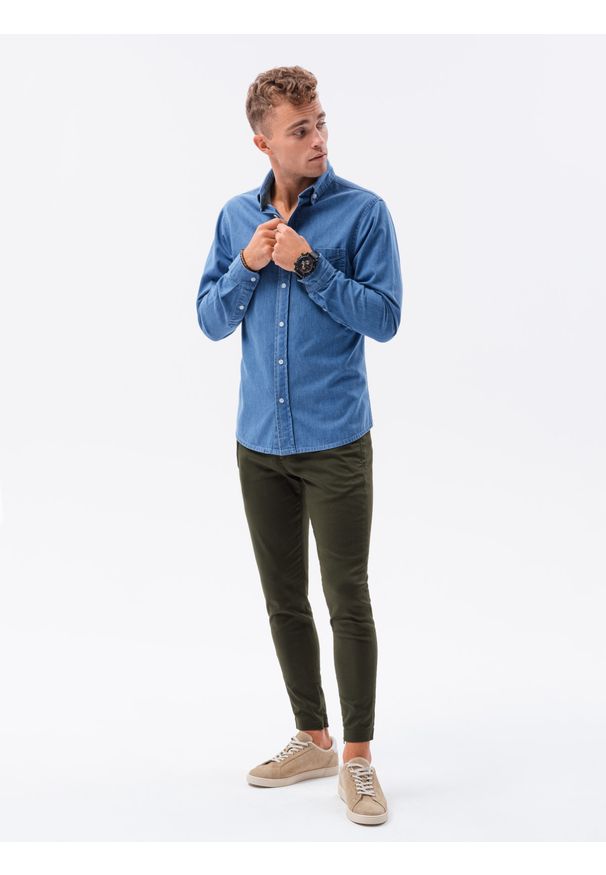 Ombre Clothing - Koszula męska z długim rękawem K568 - niebieska - XXL. Kolor: niebieski. Materiał: bawełna, jeans. Długość rękawa: długi rękaw. Długość: długie