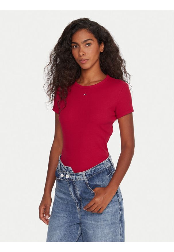 Tommy Jeans T-Shirt Essential DW0DW17383 Różowy Slim Fit. Kolor: różowy. Materiał: bawełna