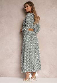 Renee - Biało-Zielona Sukienka Hyrathe. Kolor: zielony. Materiał: tkanina. Wzór: aplikacja, kwiaty, nadruk. Styl: elegancki. Długość: maxi