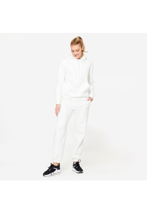 DOMYOS - Bluza z kapturem damska Domyos Gym & Pilates 500. Typ kołnierza: kaptur. Kolor: biały. Materiał: polar, bawełna, materiał. Sport: joga i pilates