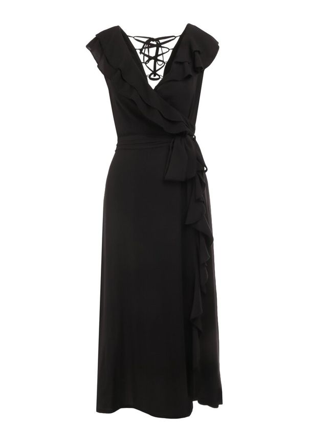 Born2be - Czarna Sukienka Mellothee. Okazja: na imprezę. Typ kołnierza: kołnierz z falbankami. Kolor: czarny. Materiał: materiał. Typ sukienki: kopertowe. Styl: wizytowy, elegancki. Długość: midi