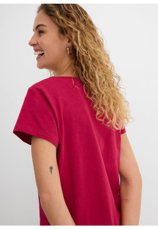 bonprix - Shirt z przędzy mieszankowej, krótki rękaw. Kolor: różowy. Długość rękawa: krótki rękaw. Długość: krótkie. Wzór: nadruk