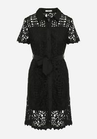 Born2be - Czarna Ażurowa Sukienka Koszulowa Midi z Wiązanym Paskiem Pamy. Kolor: czarny. Materiał: koronka, materiał. Długość rękawa: krótki rękaw. Wzór: ażurowy. Typ sukienki: koszulowe. Styl: klasyczny. Długość: midi #7
