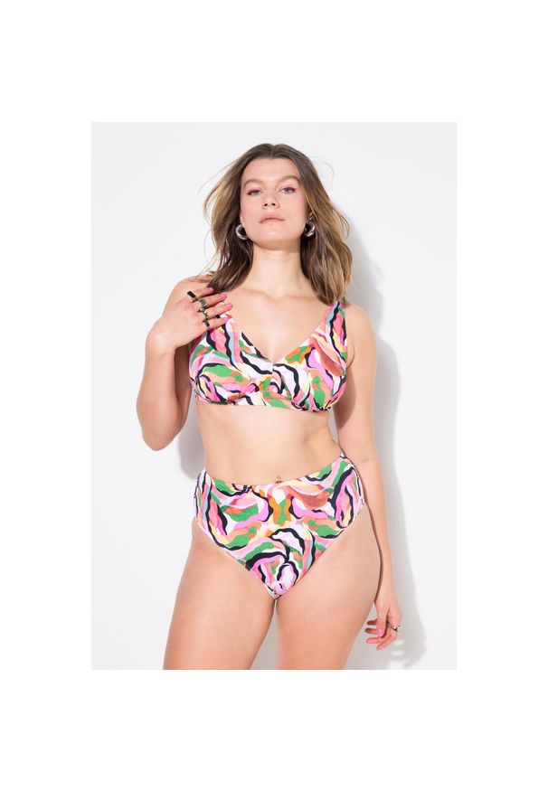 ULLA POPKEN - Damski Top od bikini miękkie miseczki kolorowy nadruk. Kolekcja: plus size. Kolor: biały. Materiał: poliester, elastan, poliamid, materiał. Wzór: kolorowy, nadruk