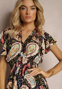 Renee - Czarna Letnia Sukienka z Bawełny z Wzorem Paisley i Elastyczną Gumką w Pasie Thetissa. Kolor: czarny. Materiał: bawełna. Wzór: paisley. Sezon: lato #4