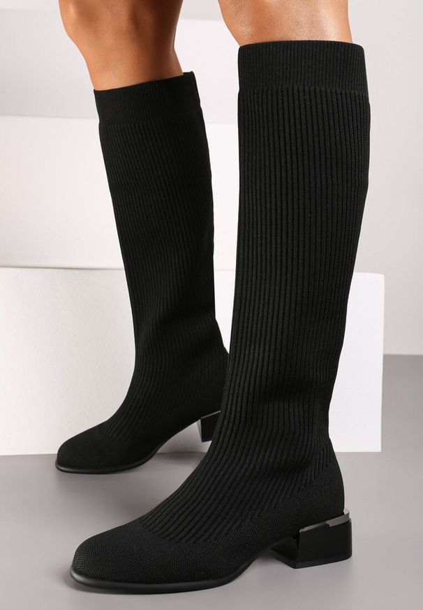 Born2be - Czarne Kozaki Muszkieterki na Obcasie z Metaliczną Wstawką i Skarpetową Cholewką Lerelise. Okazja: do pracy, na spotkanie biznesowe. Kolor: czarny. Materiał: skóra, materiał. Szerokość cholewki: normalna. Obcas: na obcasie. Styl: biznesowy, elegancki. Wysokość obcasa: średni