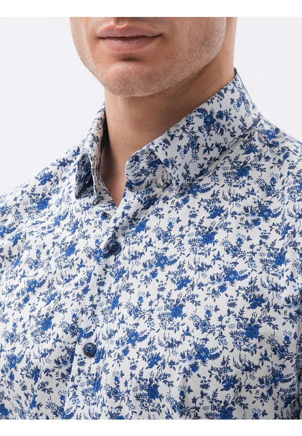 Ombre Clothing - Koszula męska z długim rękawem - biała K612 - XXL. Okazja: do pracy, na spotkanie biznesowe, na co dzień. Kolor: biały. Materiał: elastan, bawełna. Długość rękawa: długi rękaw. Długość: długie. Wzór: kwiaty. Styl: casual, klasyczny, biznesowy