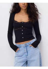 Reserved - Bluzka z koronką - czarny. Kolor: czarny. Materiał: koronka. Wzór: koronka #1
