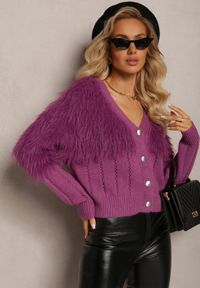 Renee - Fioletowy Kardigan z Włochatą Dzianiną Przy Dekolcie i Rękawach Saccina. Kolor: fioletowy. Materiał: dzianina. Sezon: jesień, zima #3