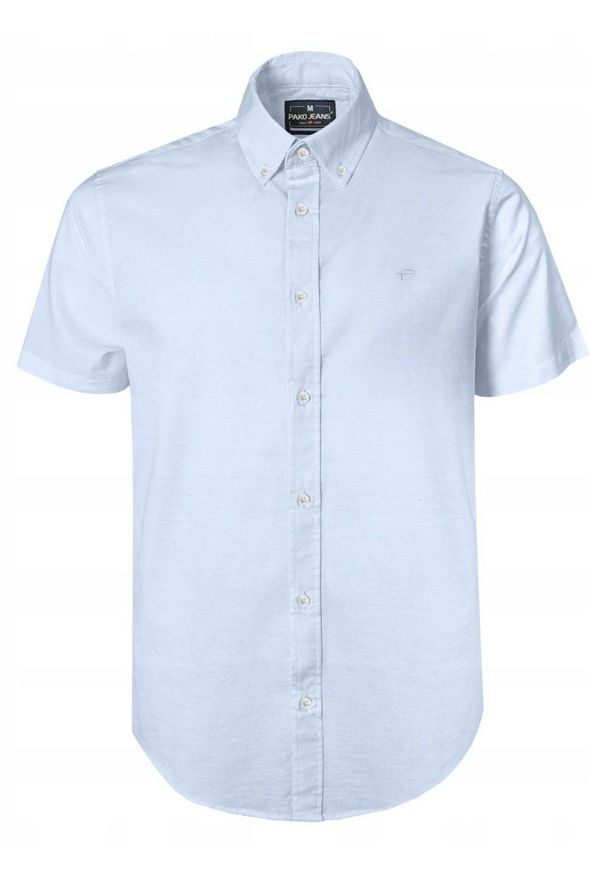 Lniano-Bawełniana Koszula Męska - Pako Jeans - Błękitna. Okazja: na co dzień. Typ kołnierza: button down. Kolor: niebieski. Materiał: bawełna, len. Styl: casual