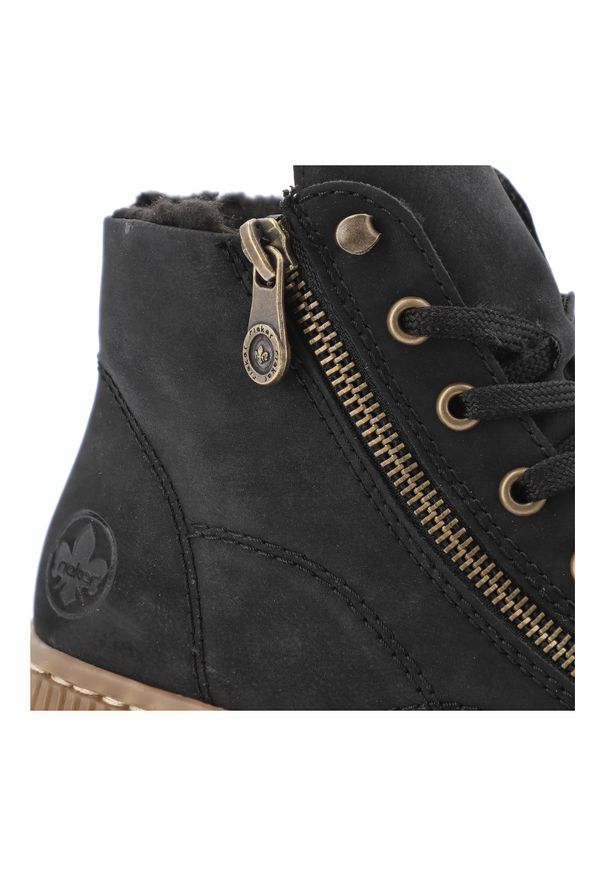Czarne Botki Rieker Ocieplane Płaskie Buty Damskie. Okazja: na co dzień. Zapięcie: sznurówki. Kolor: czarny. Materiał: materiał. Szerokość cholewki: normalna. Styl: casual