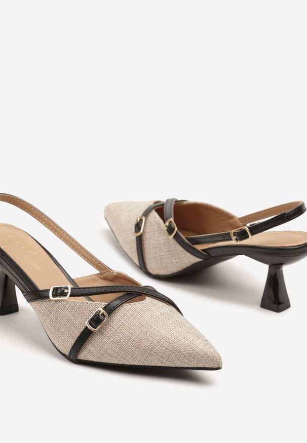 Born2be - Beżowo-Czarne Sandały Czółenka Slingback na Obcasie Kaczuszka z Paskami z Klamerkami Arivella. Okazja: na co dzień, na spotkanie biznesowe, do pracy. Zapięcie: pasek. Kolor: beżowy. Obcas: na obcasie. Styl: klasyczny, elegancki, biznesowy, casual. Wysokość obcasa: średni