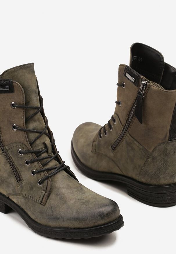 Born2be - Zielone Botki Workery ze Sznurowaniem i Zapięciem na Suwak Vemida. Okazja: na co dzień. Zapięcie: sznurówki. Kolor: zielony. Materiał: jeans. Obcas: na obcasie. Styl: elegancki, casual, klasyczny. Wysokość obcasa: niski