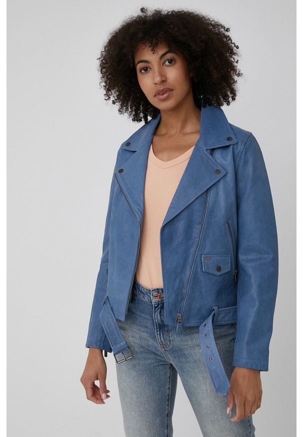 Pepe Jeans ramoneska skórzana FIFY damska przejściowa. Okazja: na co dzień. Kolor: niebieski. Materiał: skóra. Wzór: gładki. Styl: casual, klasyczny