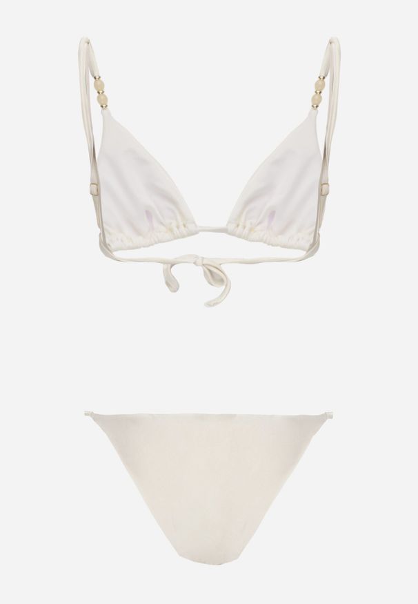 Born2be - Jasnobeżowe Bikini Wiązany Biustonosz z Koralikami i Majtki Figi Aglasia. Kolekcja: plus size. Kolor: beżowy. Materiał: len. Wzór: aplikacja