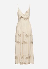Born2be - Jasnobeżowa Sukienka Wiskozowa na Ramiączkach Ozdobiona Haftem Telanelis. Typ kołnierza: dekolt w kształcie V. Kolor: beżowy. Materiał: wiskoza. Długość rękawa: na ramiączkach. Wzór: aplikacja, haft #4