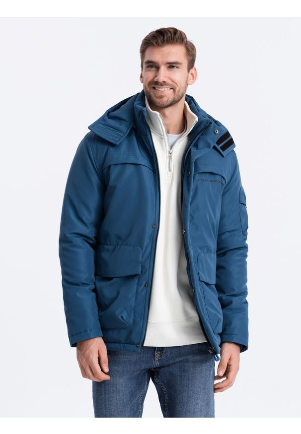 Ombre Clothing - Kurtka męska ocieplana z kapturem - ciemnoniebieska V4 - Rozmiar: S. Typ kołnierza: kaptur. Kolor: niebieski. Materiał: poliester