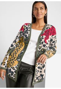 bonprix - Sweter bez zapięcia w cętki leoparda. Kolor: beżowy. Wzór: gładki. Styl: klasyczny, elegancki