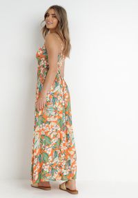 Born2be - Pomarańczowa Sukienka Nerin. Okazja: na spacer, na plażę. Typ kołnierza: dekolt kopertowy. Kolor: pomarańczowy. Wzór: kwiaty, nadruk. Typ sukienki: kopertowe. Materiał: tkanina. Długość rękawa: na ramiączkach. Styl: boho. Długość: maxi #6