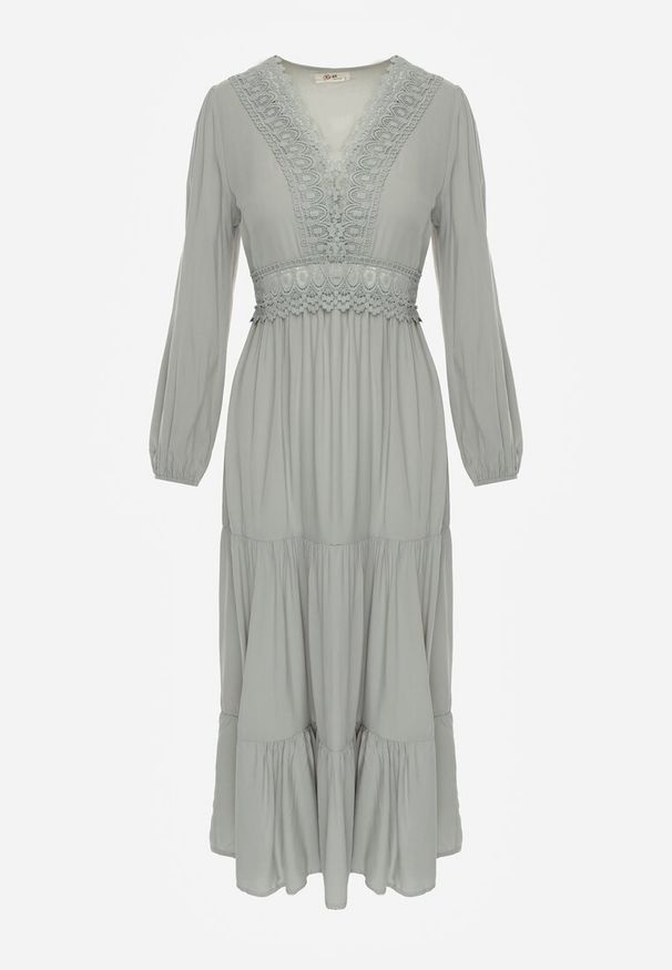 Renee - Zielona Sukienka Rozkloszowana z Falbanką i Koronką Kiaya. Kolor: zielony. Materiał: koronka. Wzór: koronka. Długość: maxi