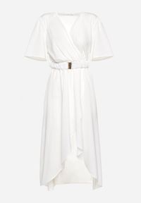 Born2be - Biała Rozkloszowana Sukienka Kopertowa z Gumką w Talii i Ozdobnym Paskiem Vasena. Kolor: biały. Typ sukienki: kopertowe. Styl: elegancki #2