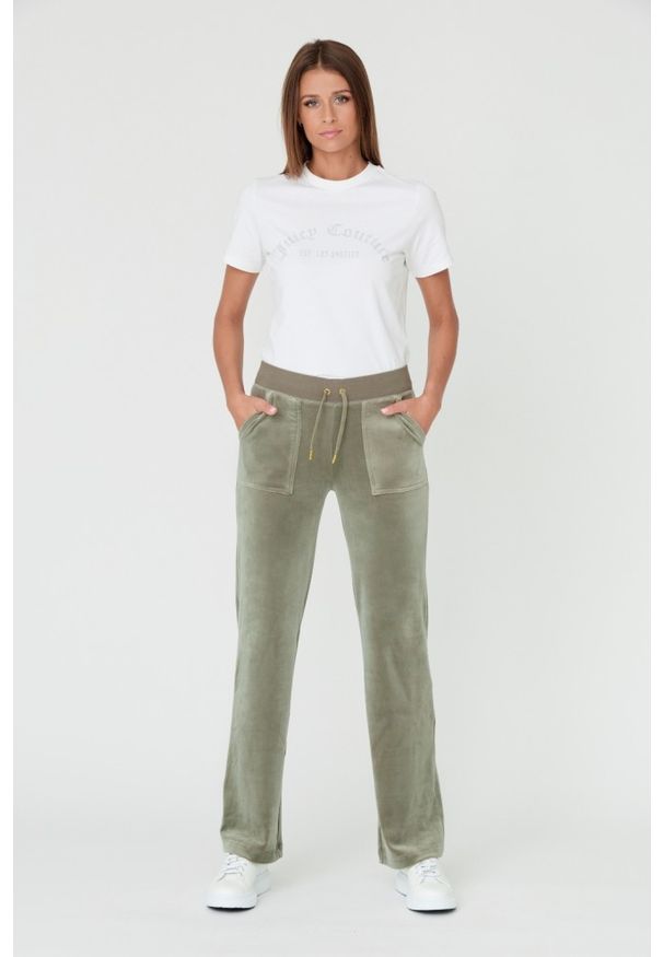 Juicy Couture - JUICY COUTURE Zielone spodnie Del Ray. Kolor: zielony. Materiał: poliester. Wzór: haft