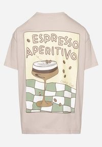 Born2be - Beżowy Bawełniany T-shirt Typu Oversize z Nadrukiem i Napisem Fillana. Okazja: na co dzień. Kolor: beżowy. Materiał: bawełna. Wzór: napisy, nadruk. Styl: casual #4