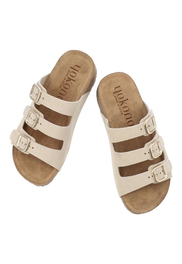 Klapki damskie Yokono, cholewka ze skóry naturalnej odkryty fason trzy regulowane paski z klamrami, beżowe, Wiwi-263. Okazja: na co dzień. Kolor: beżowy. Materiał: skóra. Wzór: paski. Sezon: lato. Styl: elegancki, casual