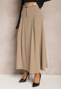 Renee - Beżowa Rozkloszowana Spódnica Maxi z Paskiem na Klamrę Sadalin. Kolor: beżowy #5