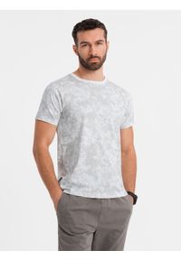 Ombre Clothing - Wzorzysta bawełniana męska koszulka z krótkim rękawem – biała V1. Okazja: na co dzień. Kolor: biały. Materiał: bawełna. Długość rękawa: krótki rękaw. Długość: krótkie. Wzór: nadruk. Styl: klasyczny, casual