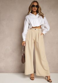 Renee - Beżowe Szerokie Spodnie High Waist o Garniturowym Kroju z Zakładkami Uliadorea. Okazja: na co dzień. Stan: podwyższony. Kolor: beżowy. Styl: klasyczny, elegancki, casual #5