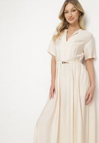 Born2be - Beżowa Wiskozowa Sukienka z Lnem o Rozkloszowanym Kroju z Paskiem z Klamerką Linalin. Okazja: na co dzień. Typ kołnierza: dekolt w serek. Kolor: beżowy. Materiał: wiskoza, len. Długość rękawa: krótki rękaw. Styl: casual, elegancki, klasyczny #4