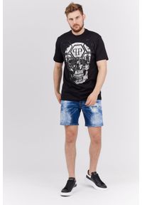 Philipp Plein - PHILIPP PLEIN Czarny t-shirt męski Round neck ss iconic plein, Rozmiar M. Kolor: czarny. Materiał: skóra, prążkowany. Wzór: aplikacja