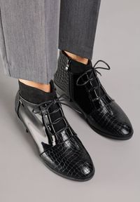 Born2be - Czarne Sznurowane Botki Vices z Eleganckim Stylu Viellie. Okazja: na spotkanie biznesowe, do pracy, na co dzień. Kolor: czarny. Materiał: jeans. Wzór: aplikacja. Obcas: na obcasie. Styl: elegancki. Wysokość obcasa: niski